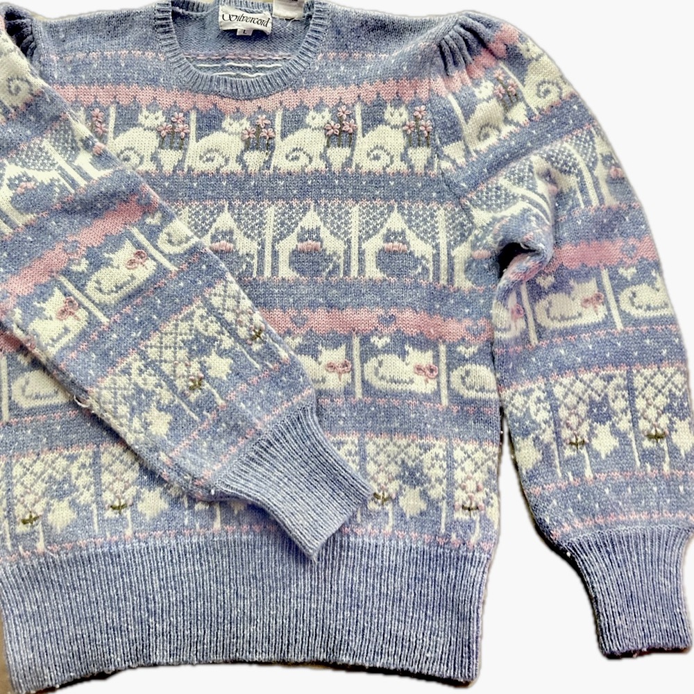 SOLD VTG Silvercord Shetland Angora Wool Cat Sweater blue pink white cottagecore